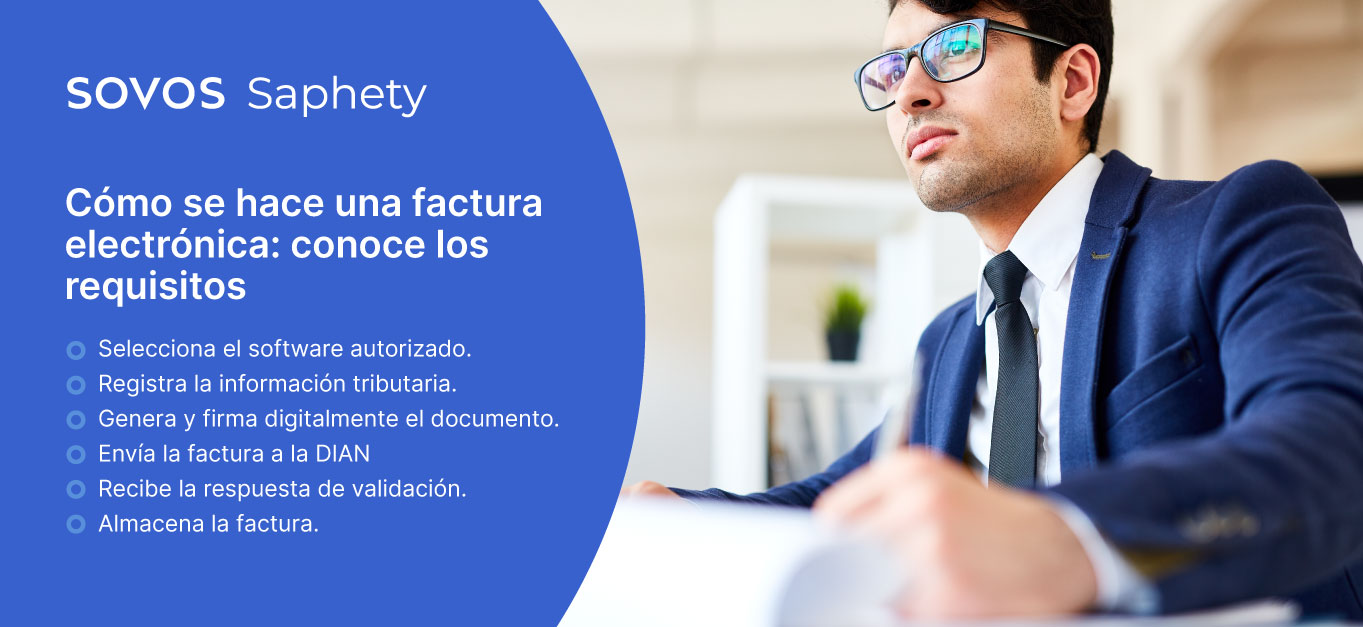 ombre joven con gafas y traje azul trabajando en una oficina moderna, escribiendo y utilizando una computadora