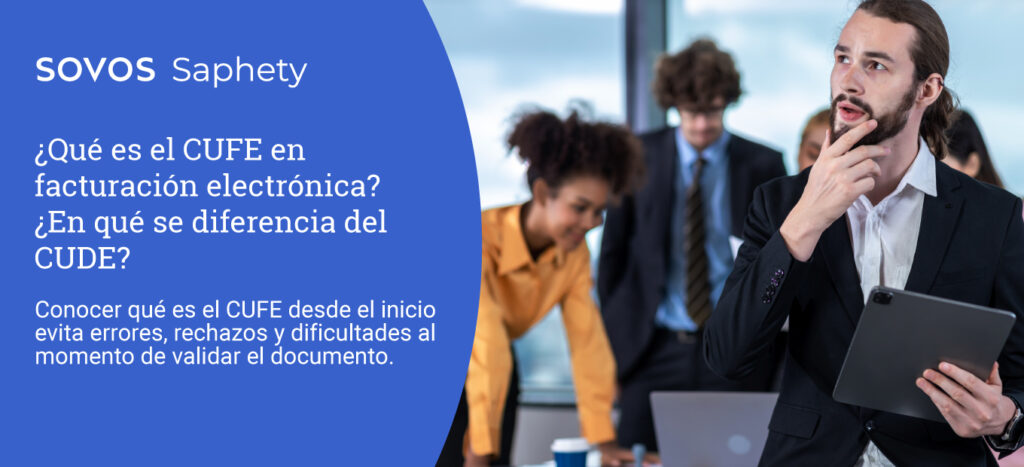 Profesional revisando documentos electrónicos mientras piensa qué es el CUFE en una reunión de trabajo.